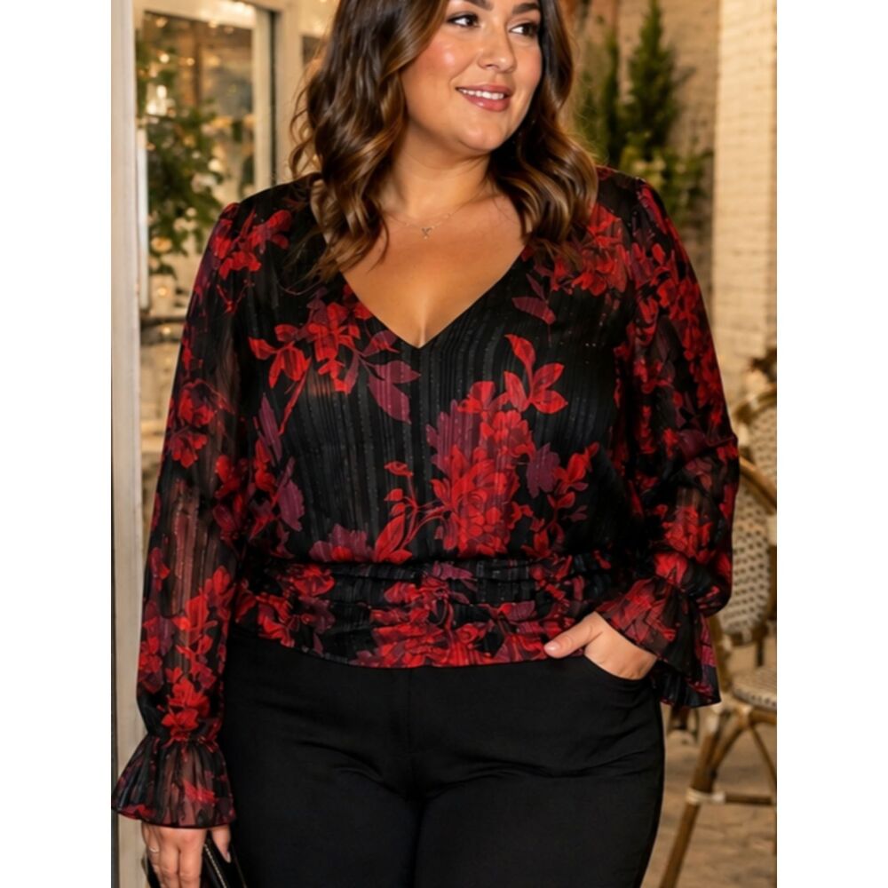 Lane Bryant Size 14 Black Red Floral Metallic Sheer Sleeve Blouse Party Top